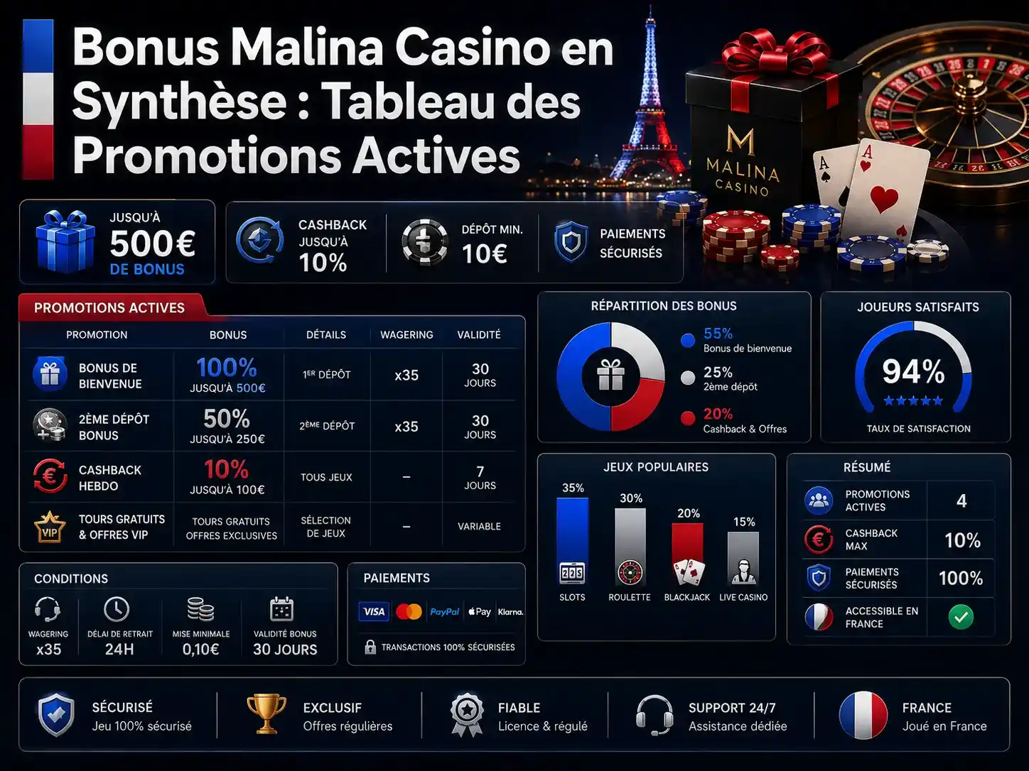 Bonus Malina Casino en Synthèse : Tableau des Promotions Actives